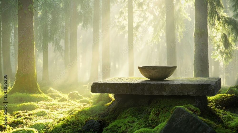 Ancient stone altar in misty forest with ceremonial bowl, symbolizing ancient rituals and spiritual connection to nature, evoking mystery and historical traditions. Ancient stone altar in misty forest with ceremonial bowl, symbolizing ancient rituals and spiritual connection to nature, evoking mystery and historical traditions.