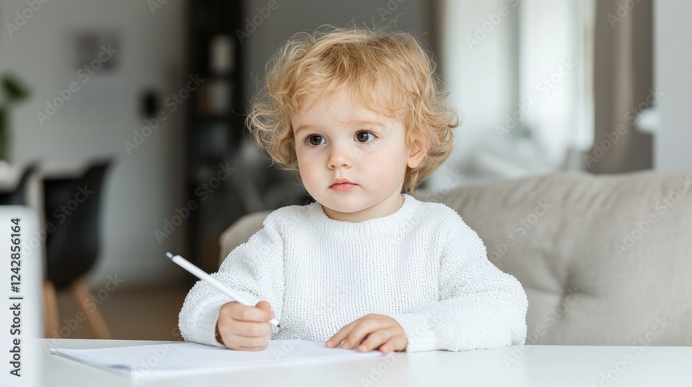 Toddler drawing at home, living room background, child development Toddler drawing at home, living room background, child development