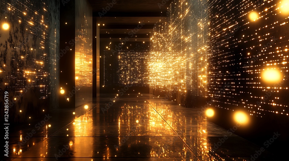 Obraz premium A cybernetic AI processing room where glowing neural networks spread across the walls, reflecting a continuous flow of data.