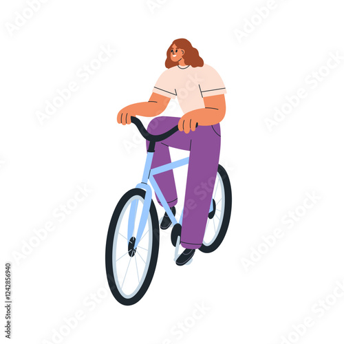 Happy young woman riding bicycle, enjoying carefree cycling. Smiling girl, female cyclist pedaling. Travel by urban eco transport, bike. Flat vector illustration isolated on white background