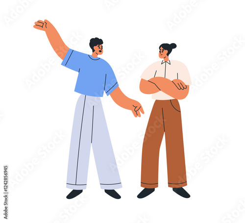 People in conversation. Excited man talking, telling, gesturing with hand, person standing, listening. Characters speaking. Communication scene. Flat vector illustration isolated on white background