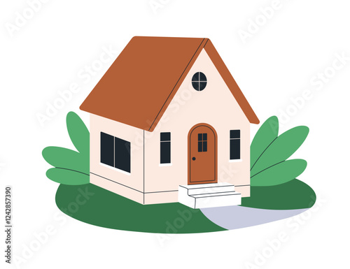 Small house building exterior. Country cottage, home with gabled roof, door, windows, green plants outdoors. Countryside rural real estate. Flat vector illustration isolated on white background