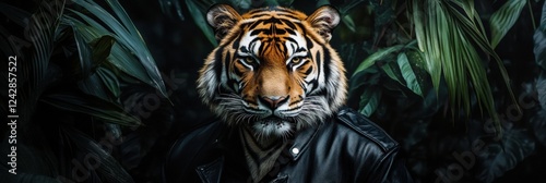 Majestic tiger wearing a leather jacket stands confidently among lush jungle foliage in a striking pose. Generative AI photo