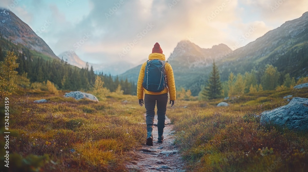 Obraz premium Hiker autumn mountain trail sunrise landscape adventure