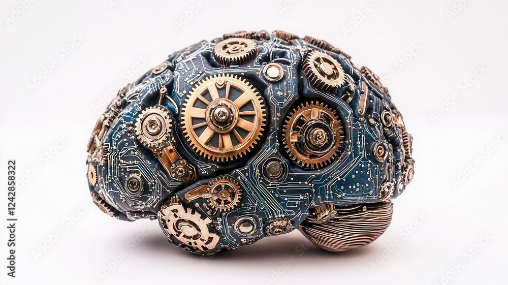 Fototapeta premium A brain with interconnected gears and circuits, representing intelligence and innovation, steampunk style, isolated on white background