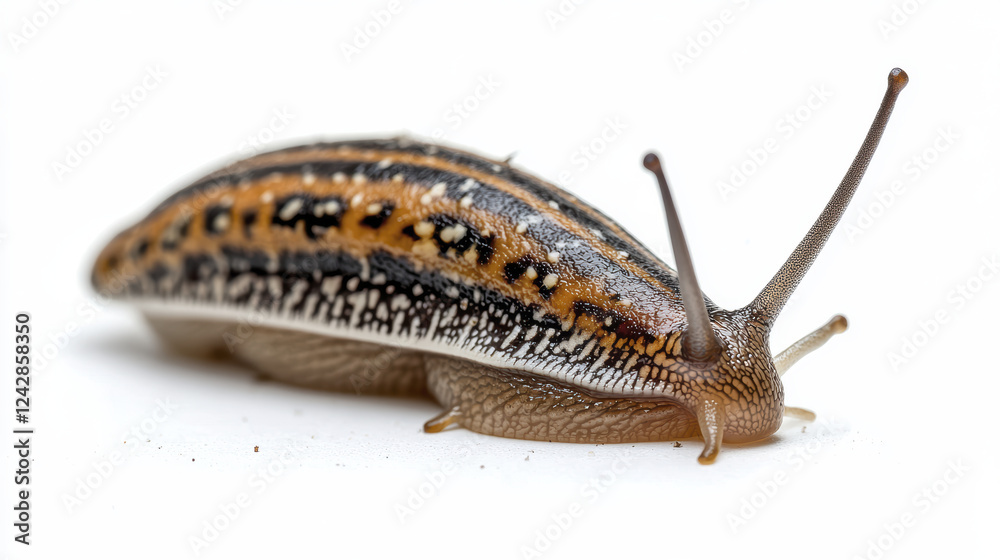 close up of striped snail showcasing its unique shell patterns and textures. snail is positioned on white background, highlighting its features close up of striped snail showcasing its unique shell patterns and textures. snail is positioned on white background, highlighting its features
