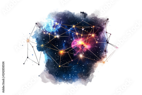 Abstract cosmic background featuring stars, galaxies, and interconnected lines, showcasing the beauty of the universe and the concept of digital networks and constellations