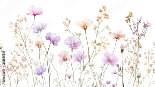 Beautiful seamless floral water color pattern Set, watercolor wild flowers, leaves and grass,Collection botanic garden elements, isolated illustration in rustic or vintage style,copy space.