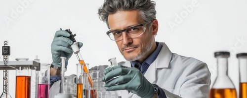 A determined scientist mixing chemicals in a lab, breakthrough discovery concept, semi-realistic, isolated 