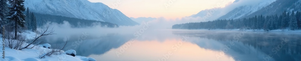 Fototapeta premium Early morning fog rolling over the icy surface of Balyiktyig river, calmness, atmosphere