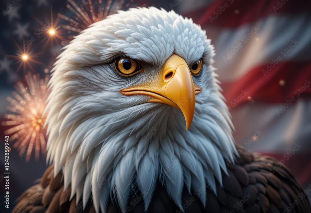 Obraz premium Independence Day American Flag 4th of July Fireworks Patriotic USA Military Veterans Freedom Celebration Small Town Festivals Historic Landmarks Bald Eagle National Monuments Vintage Art Family Gather