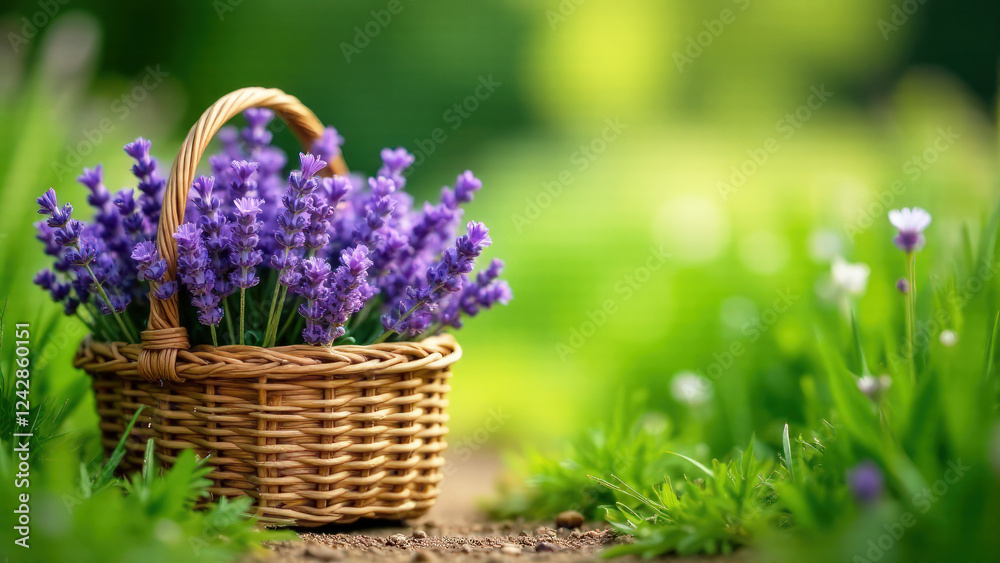 Fototapeta premium A wicker square straw basket full of lavender flowers stands on a field path on the left, with space for text