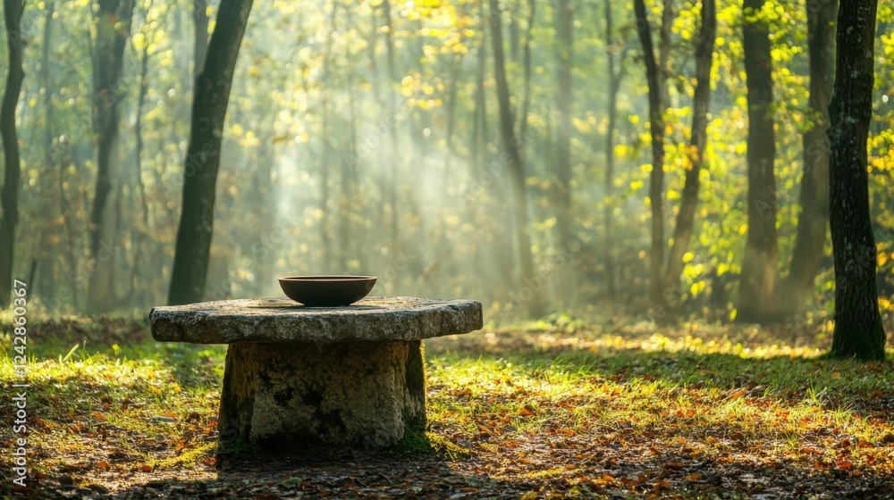 Ancient stone altar in misty forest with ceremonial bowl, symbolizing ancient rituals and spiritual connection to nature, evoking mystery and historical traditions. Ancient stone altar in misty forest with ceremonial bowl, symbolizing ancient rituals and spiritual connection to nature, evoking mystery and historical traditions.