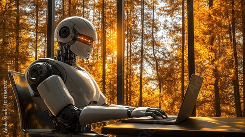 Robot working on laptop in a forest setting. photo