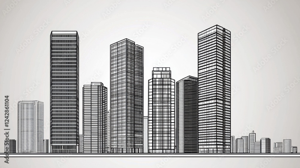 Fototapeta premium Urban skyline architecture cityscape illustration modern environment side view urban development concept