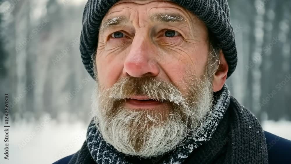 Elderly man in snowy winter forest contemplating cold weather with frosty beard Elderly man in snowy winter forest contemplating cold weather with frosty beard