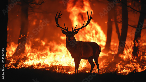 Majestic deer standing against a blazing inferno in a forest fire.