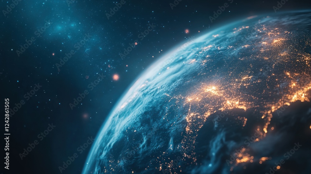 Fototapeta premium Earth's Nightlights from Space City Glows, Starry Background, Global Perspective