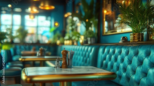 Stylish teal cafe interior, tables, plants. Possible use Stock photo