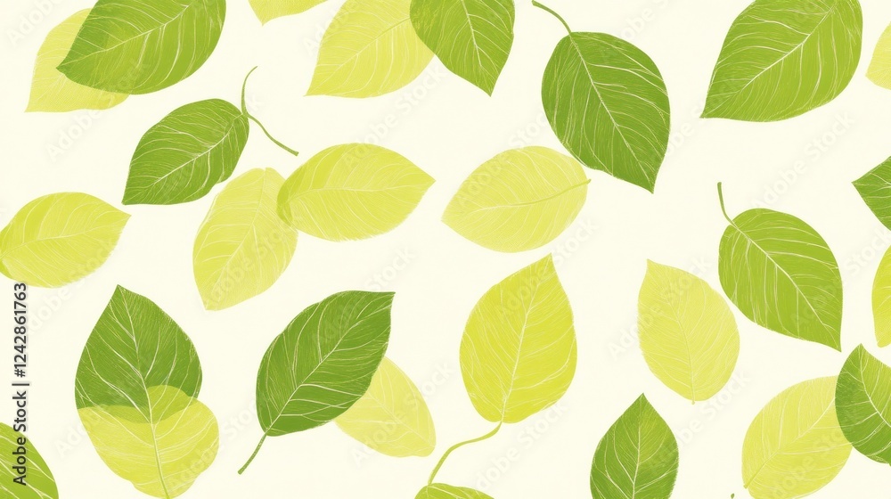 Fototapeta premium Green and Yellow Leaves Scattered on White Background