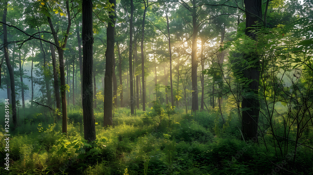 Fototapeta premium Peaceful Dawn in a Serene Forest: Light and Shadow Dance Among Trees, Creating a Tranquil Escape