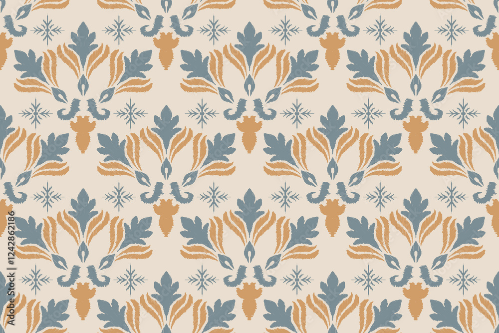 Damask seamless pattern, Ikat floral seamless pattern background, vector illustration, Ikat ethnic oriental embroidery, Aztec style, baroque. Design for texture, fabric, clothing, decoration, fashion Damask seamless pattern, Ikat floral seamless pattern background, vector illustration, Ikat ethnic oriental embroidery, Aztec style, baroque. Design for texture, fabric, clothing, decoration, fashion