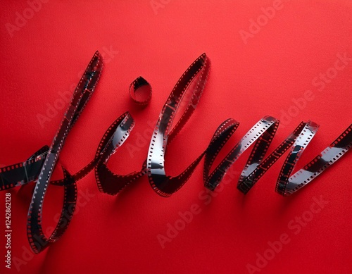 Creative concept photo of retro vintage old-fashioned cinema movie film tape on red background still life flat lay top view.