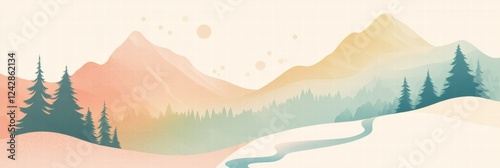 Tranquil winter landscape featuring mountains, trees, and a flowing river during a serene sunset. Generative AI photo