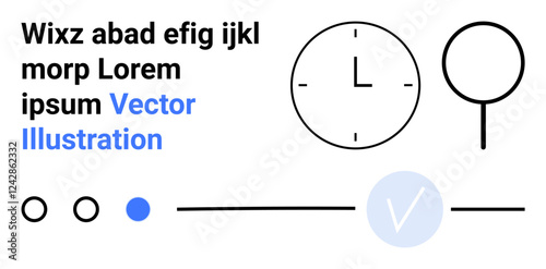 Bold text over simple, clean lines, circles, clock symbol, and tick mark inside light blue circle convey time, simplicity, efficiency, and approval. Ideal for branding presentations web design