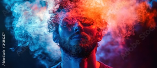 Man exhales vibrant vapor, studio shot, dark background, advertising