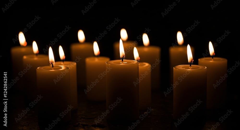 A warm and serene arrangement of glowing candles in the dark, creating a peaceful and intimate atmosphere with soft flickering flames. A warm and serene arrangement of glowing candles in the dark, creating a peaceful and intimate atmosphere with soft flickering flames.