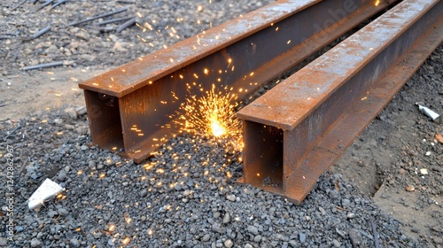Metal Beam Welding Sparks Construction Site Industrial Steelwork
