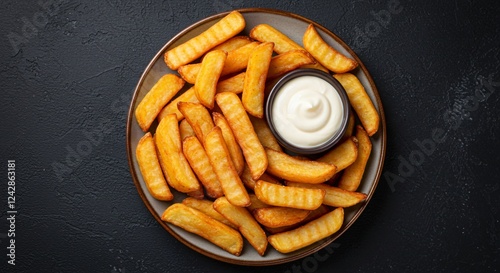 Crispy, golden potato wedges served on a plate with a creamy mayonnaise dip, set against a dark textured background for contrast.
