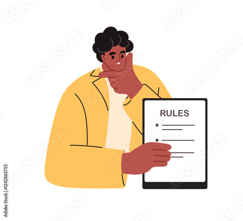 Rules list, and regulations in guideline document. Law code, guidance for business. Studying company policy, standards, instruction, guide. Flat vector illustration isolated on white background