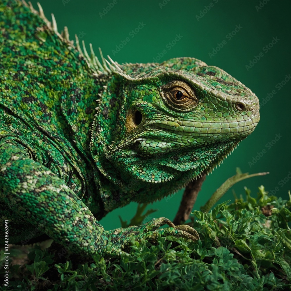Fototapeta premium A camouflaged lizard against a vivid emerald green background.
