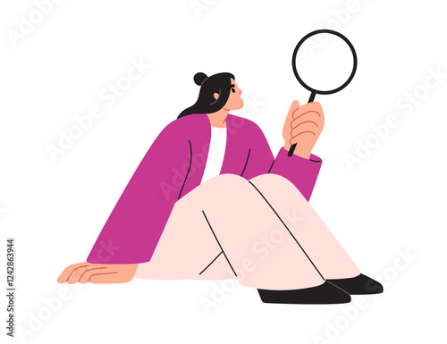 Looking with magnifying glass, lens. Curious woman with lupe, magnifier, focused on studying, researching, checking. Search, curiosity concept. Flat vector illustration isolated on white background