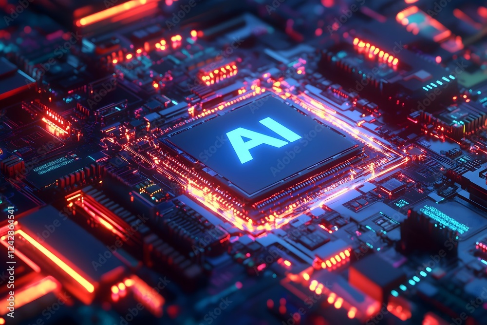 Futuristic AI Processor on Circuit Board with Neon Lighting, Artificial Intelligence Technology Concept, High-Tech Innovation and Advanced Computing Futuristic AI Processor on Circuit Board with Neon Lighting, Artificial Intelligence Technology Concept, High-Tech Innovation and Advanced Computing
