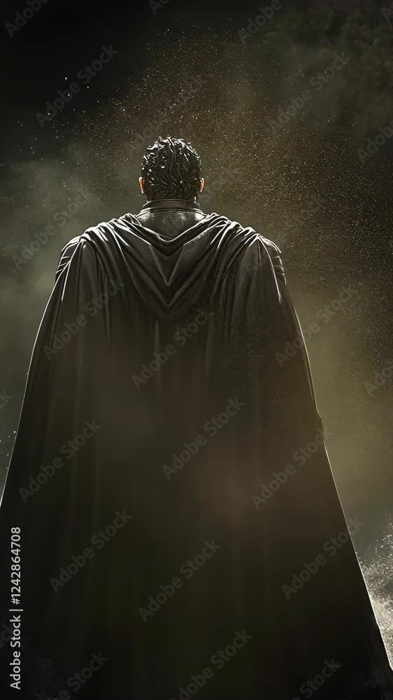Dark figure in a flowing cape stands against a misty background at dusk with dramatic lighting and texture Dark figure in a flowing cape stands against a misty background at dusk with dramatic lighting and texture