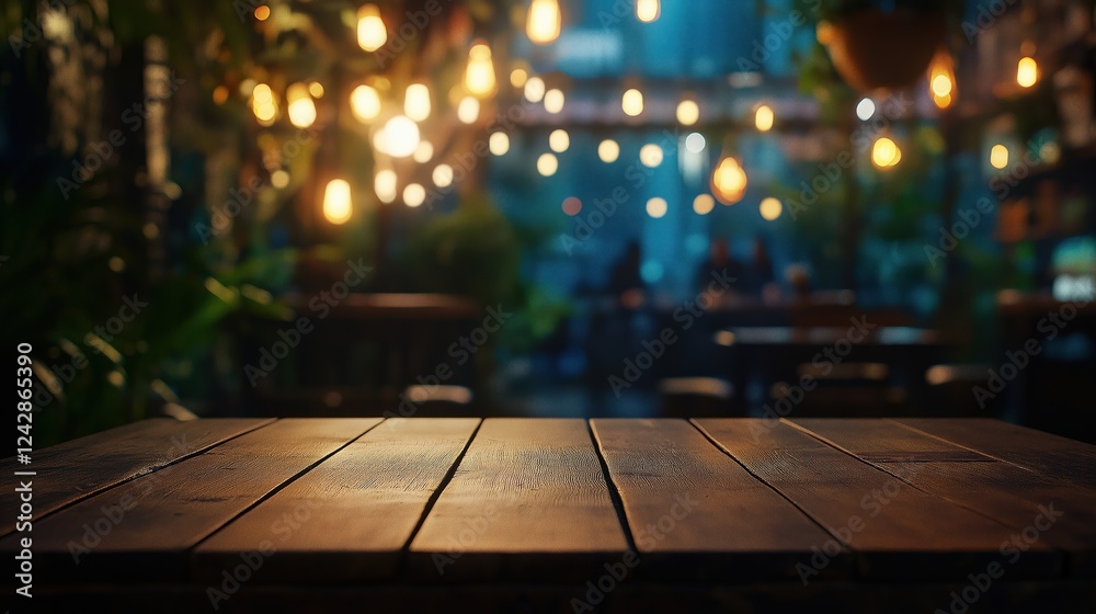 Empty wooden table top with glowing lights and blurred restaurant interior background Empty wooden table top with glowing lights and blurred restaurant interior background
