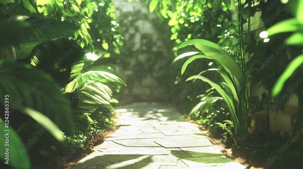Obraz premium Sunlit Stone Path Through Lush Tropical Foliage