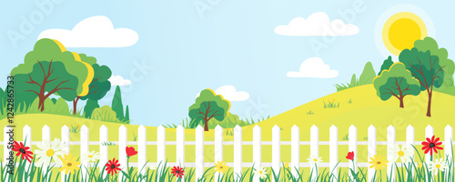 Fence in a flowering garden. Backyard of a house with blooming flowers and a view of a beautiful landscape of forest, trees, green grass on a sunny day. Vector illustration of a backyard fence.