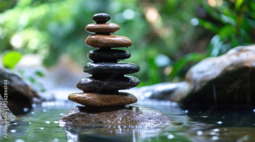 Balanced stones by tranquil stream, zen garden, nature backdrop, meditation Balanced stones by tranquil stream, zen garden, nature backdrop, meditation