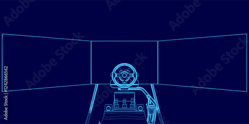 A blue image of a car simulator with a steering wheel. The image is of a video game, and the car is in a virtual environment