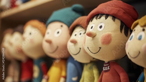 Smiling handmade dolls displayed on shelf in shop photo