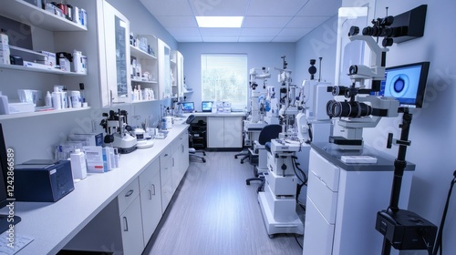 Ophthalmic examination room with various eye care devices including digital fundus cameras refraction machines and a selection of neatly arranged eye care tools and medications