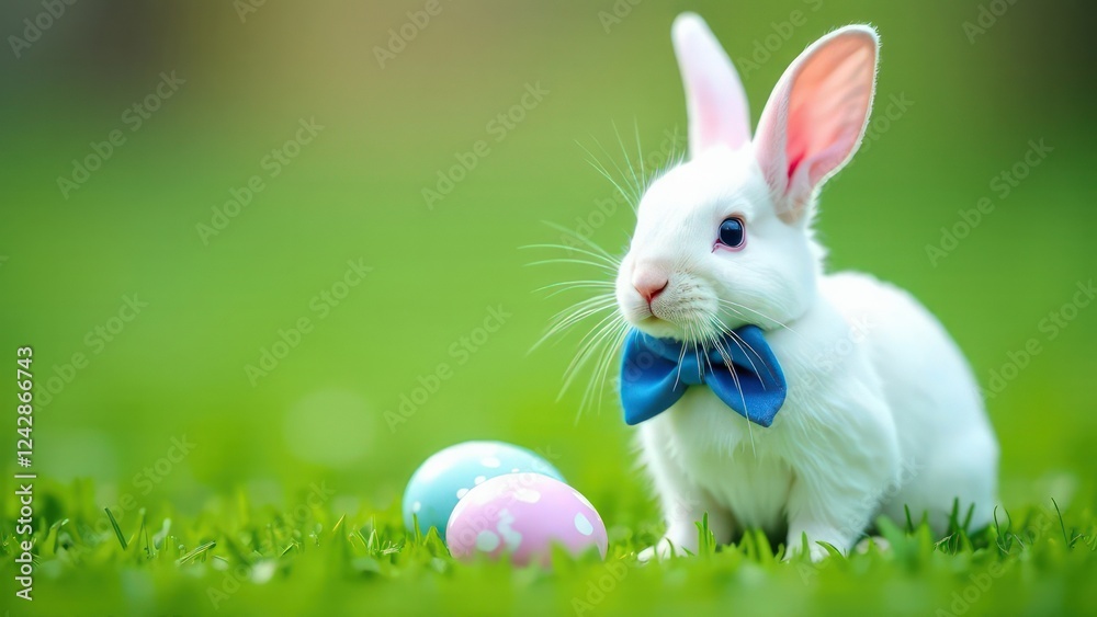 Obraz premium A cute Easter white bunny with a blue bow on his neck sits on green grass, Easter eggs lie nearby, blurred background