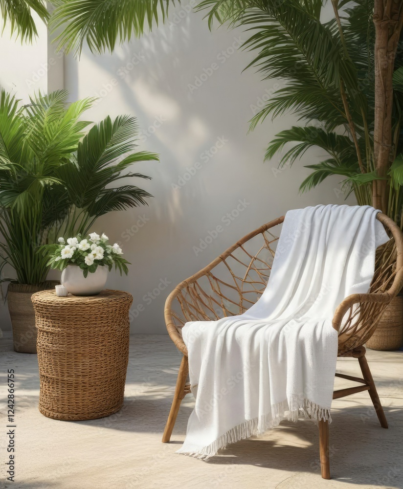 Obraz premium White woven beach towel draped over a rattan chair in a tropical outdoor setting, chair, decoration, rattan, outdoor