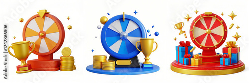 set of 3d cartoon icon of spinning fortune wheel for promotion events isolated on white background. 300dpi