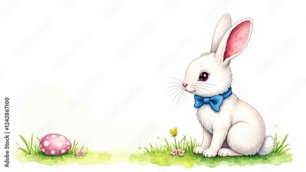 Obraz premium A cute Easter white bunny with a blue bow on his neck sits on green grass, Easter eggs lie nearby, blurred background