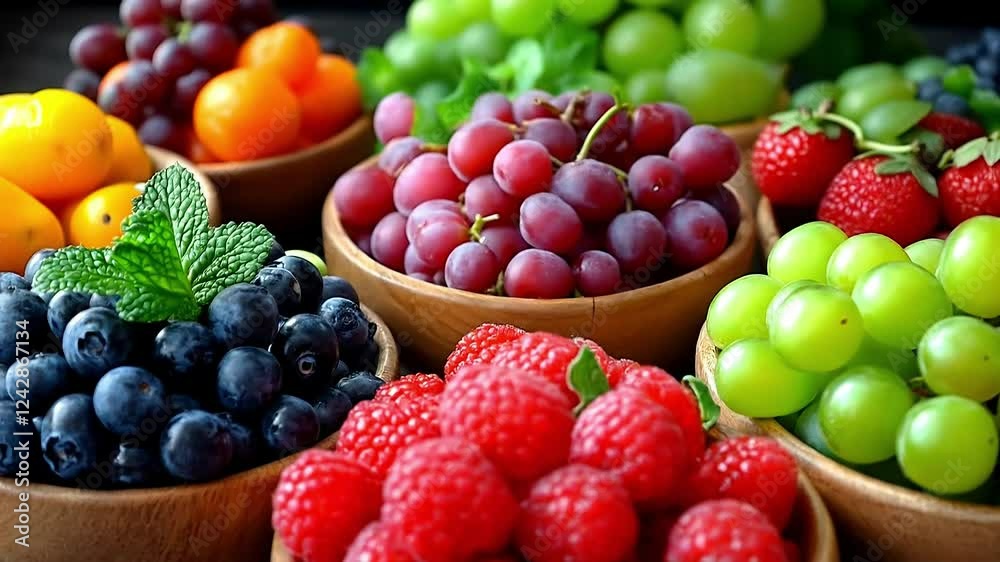 A Colorful Ensemble of Fresh Berries and Grapes Displayed in Wooden Bowls for a Vibrant Summer Feast A Colorful Ensemble of Fresh Berries and Grapes Displayed in Wooden Bowls for a Vibrant Summer Feast